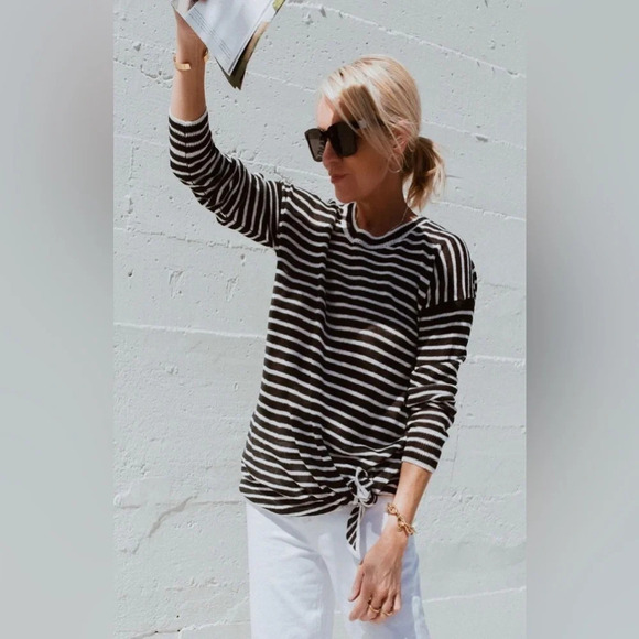 White + Warren Striped Knotted Linen Sweater in Black & White - Picture 2 of 9